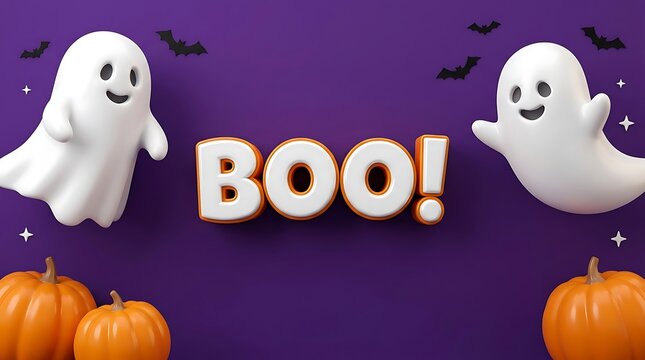 Halloween themed graphic with ghost characters and pumpkins saying boo
