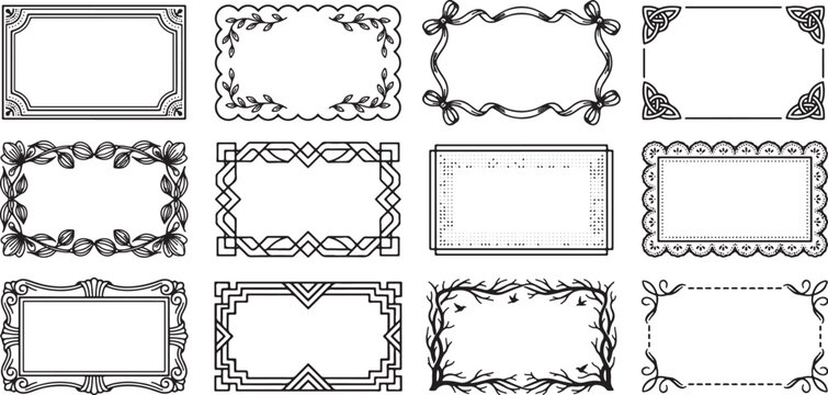 Frame border hand drawn line set. Frame border line hand drawn doodle rectangle vintage wavy bow picture. Cute whimsical decoration scallop squiggly curly wedding invitation. Vector illustration