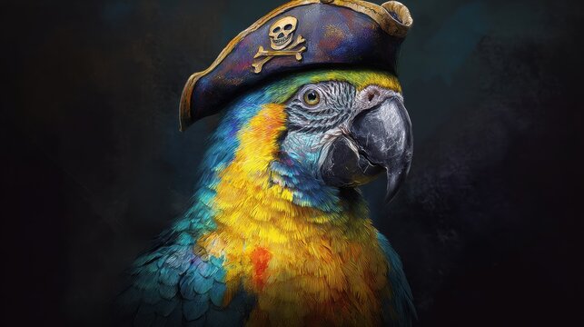 Pirate parrot in classic hat showcases vibrant blue and yellow feathers. Detailed textures enhance bold colors, creating eye catching whimsical character for various designs