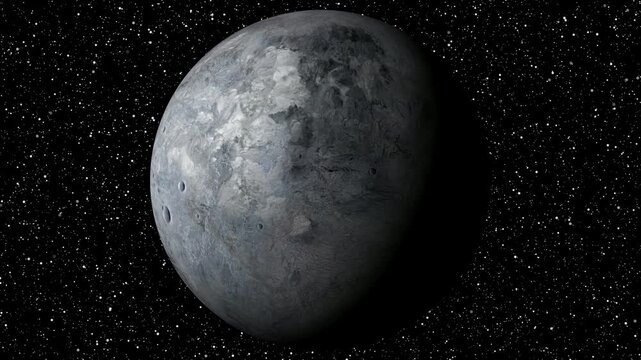Eris fictional planet rotating in deep space with starry background and cratered rocky surface.