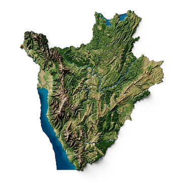 High resolution satellite view of burundi showing realistic terrain and geography isolated on a white background