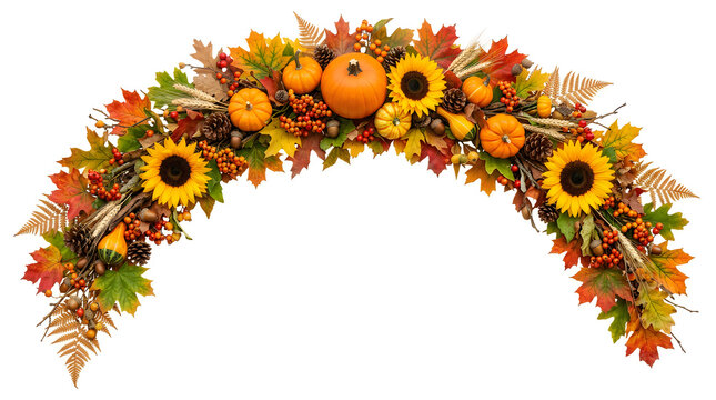 Beautiful festive autumn archway decorated with sunflowers pumpkins and a vibrant assortment of colorful fall leaves on a white background