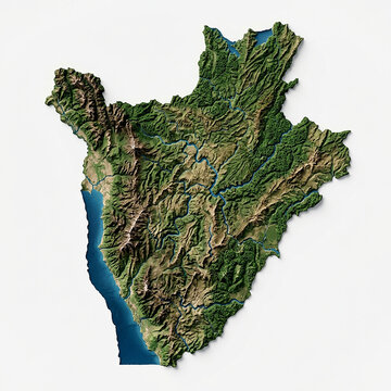 High detail 3d topographic relief map of burundi with satellite texture isolated on white background