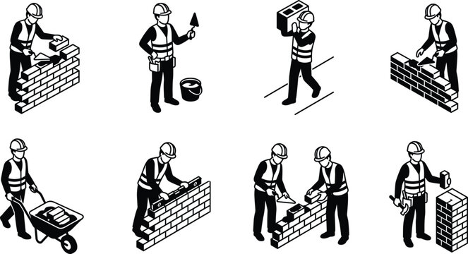 Isometric Bricklayer Construction Worker Icon Set with Masonry Builders Laying Bricks, Pushing Wheelbarrow, Carrying Cinder Blocks, and Using Trowel for Building Wall Vectors