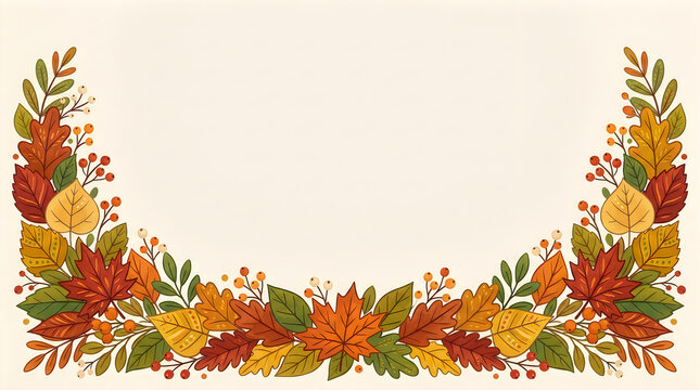 A beautiful autumnal floral frame features vibrant fall leaves and a variety of seasonal botanicals in a decorative border