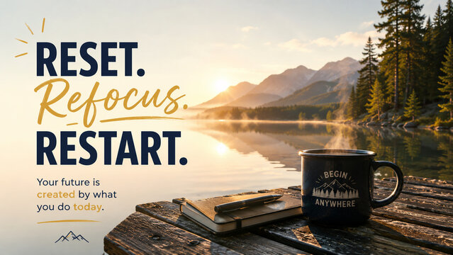 Inspirational &ldquo;Reset, Refocus, Restart&rdquo; message over a peaceful mountain lake scene with notebook and coffee. Motivation, mindfulness and new beginning concept.