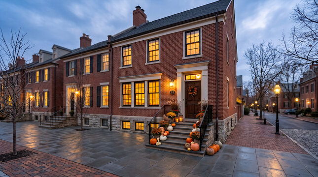 Brick row houses decorated for autumn evening with pumpkins and lights