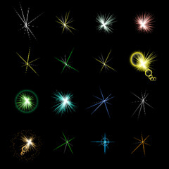 Fototapeta premium Collection of vibrant light effects and starbursts on a dark black background