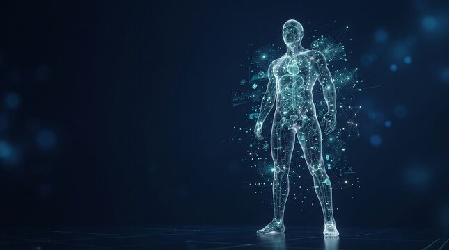 Digital human body model with glowing data connections on dark background
