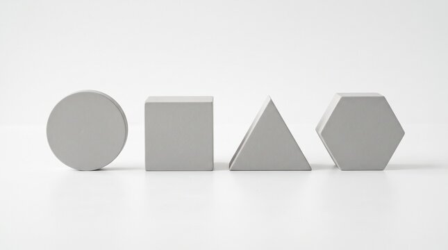 Four geometric shapes circle square triangle hexagon in a row on a white background