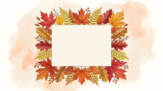 Autumn leaves create a vibrant square frame around a blank white space for text or design