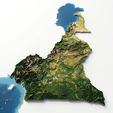 High detail 3d topographical map of cameroon showing terrain features and surrounding ocean waters on white background