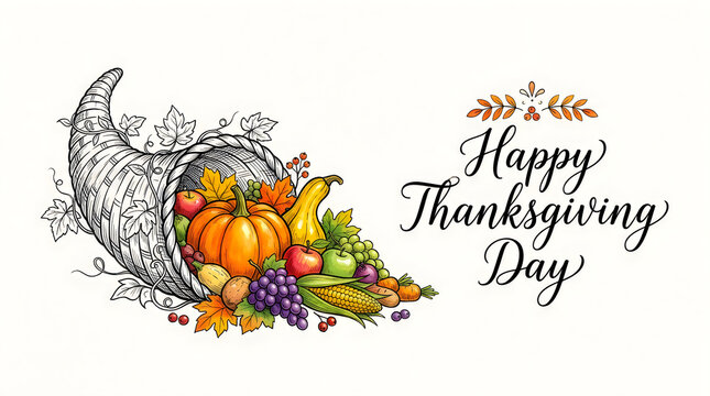 Beautiful watercolor painting of a thanksgiving cornucopia overflowing with pumpkins colorful fruits and vibrant autumn leaves with holiday greetings