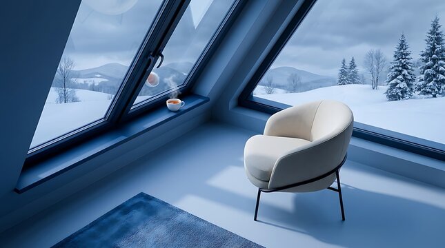 Minimalist attic room interior featuring modern armchair near skylight window with steaming hot cup of tea overlooking snowy winter mountain landscape scenery.