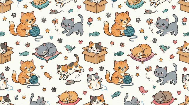 Playful Cartoon Cats Seamless Pattern Cute Kittens Fabric Print Design cats cat kitten kittens doodle seamless pattern seamless pattern pets animals cute playful cartoon childish funny decorative