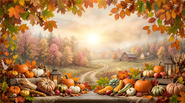 A beautiful autumn landscape features vibrant pumpkins colorful fallen leaves and a soft warm glowing light creating abundance