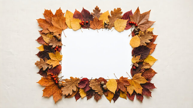 Beautiful autumn leaves create a decorative frame around a blank white area for text or graphic design isolated on white