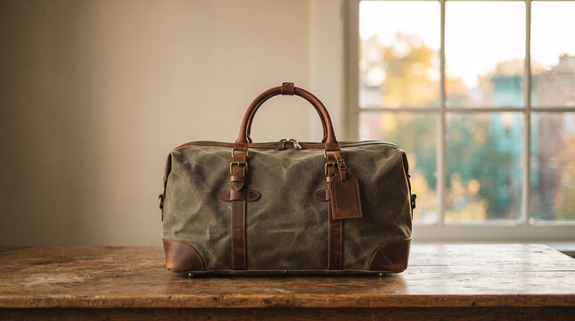 Waxed canvas duffel bag with leather accents on wooden table near window