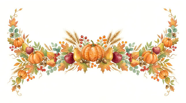 Beautiful watercolor autumn floral arrangement featuring pumpkins ripe berries and golden wheat perfect for fall season designs and decorations