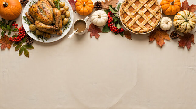 A beautiful festive autumn thanksgiving celebration featuring a delicious roasted turkey pumpkin pie and vibrant fall foliage