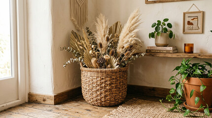Fototapeta premium Boho Interior with Dried Flowers and Potted Plants