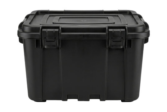 Black plastic storage bin with locking lid