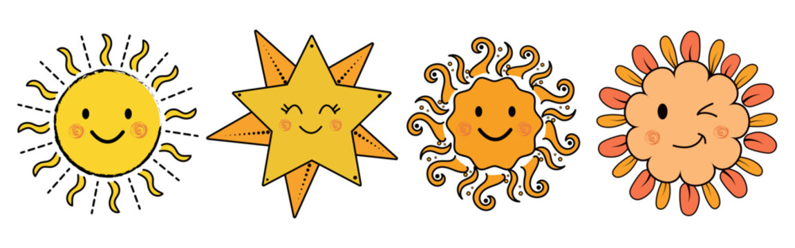 Cute cartoon sun characters with smiling faces. hand drawn doodle style sun vector set. summer weather children illustration character children illustration collection childish isolated
