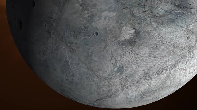 Close up view of a Eris fictional planet surface with craters and textured terrain in deep space.