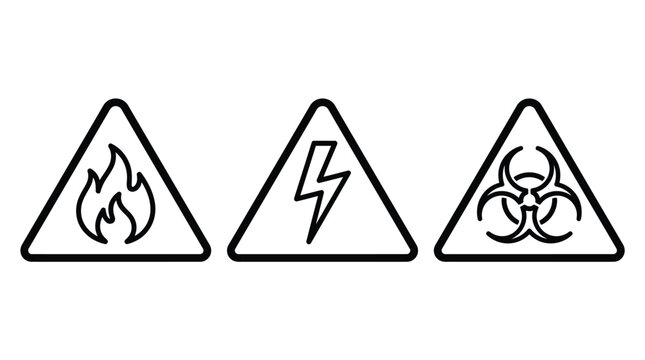Danger warning signs set with fire electricity and biohazard symbols in black line art style.