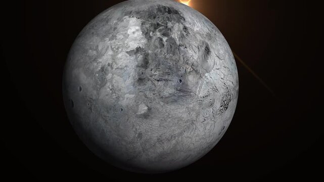 Cinematic view of a Eris planet surface in deep space with a distant sun flare.