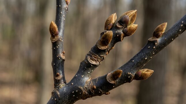 Detailed Macro View of Young Kentucky Coffeetree Twigs and Buds Growth Pattern nature botany tree branches spring flora outdoor macro close up natural botanical growth twigs plant organic environment