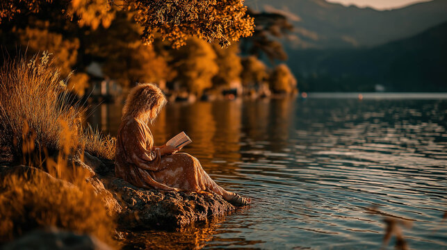 Woman reading a book sits peacefully by a scenic lake during golden hour