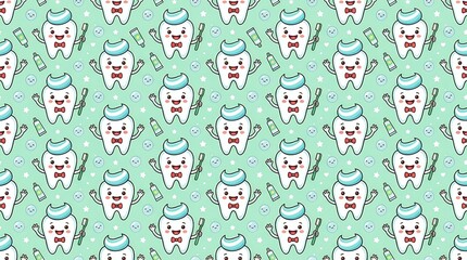 Obraz premium Adorable Cartoon Dental Character Featuring Toothpaste Accent In A Playful Repeating Pattern For Children Dental Hygiene tooth dental cartoon cute pattern seamless toothpaste hygiene children clinic