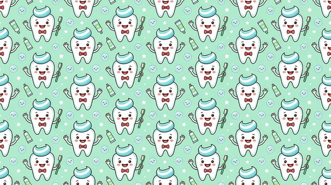 Adorable Cartoon Dental Character Featuring Toothpaste Accent In A Playful Repeating Pattern For Children Dental Hygiene tooth dental cartoon cute pattern seamless toothpaste hygiene children clinic