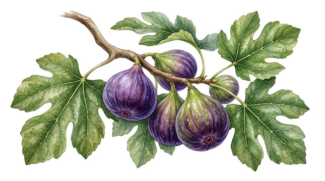 Vintage watercolor fig branch with purple fruits, botanical illustration of fresh figs and green leaves, hand-painted fruit art
