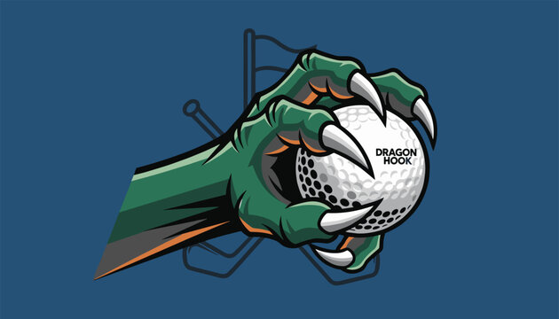 Green monster dragon claw with sharp white nails holding a white golf ball with dragon hook text on blue background.