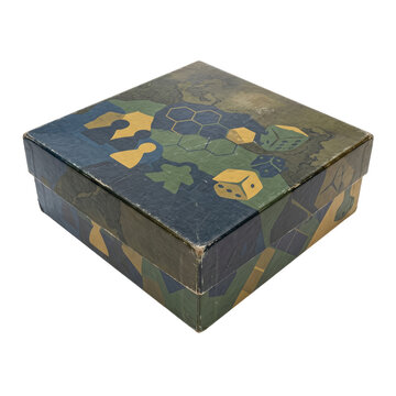 Square board game box with abstract geometric pattern