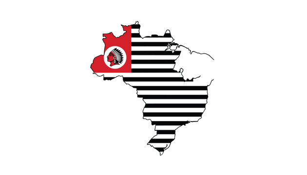Map of Brazil filled with the black and white stripes and red emblem of the Sao Paulo state flag on a white background.