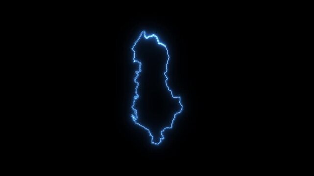 Glowing neon blue outline map of albania on a black background, digital illustration of the countrys borders
