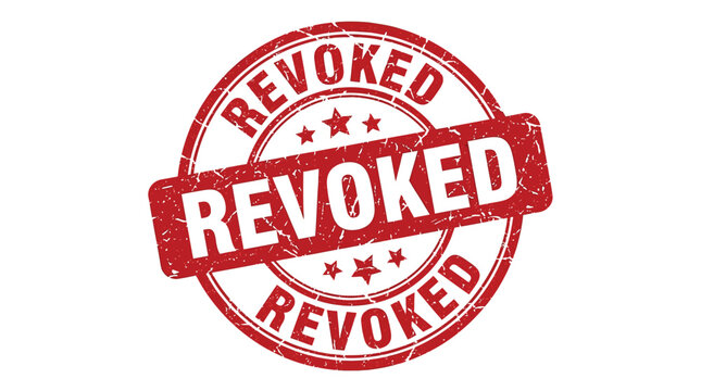 Distressed red rubber stamp featuring bold revoked text isolated on a plain textured white paper background