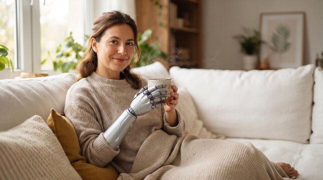 Woman with prosthetic arm holding steaming mug while relaxing on couch