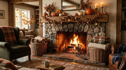 Obraz premium Cozy Autumn Hearth: A rustic stone fireplace radiates warmth with a crackling fire, adorned with autumnal decorations including pumpkins and fall foliage. Comfortable armchairs flank the hearth.