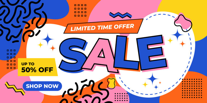 Colorful sale banner with abstract shapes and text. special discount promotion design template. bright marketing graphic background element discount promotion shopping abstract colorful
