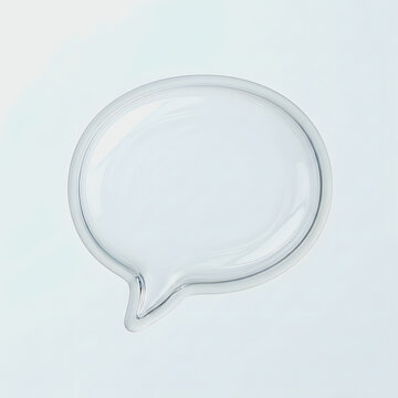Transparent glass speech bubble with realistic refraction and highlights on light backdrop.