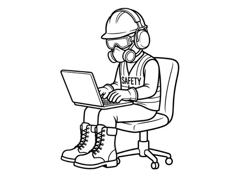 Safety Engineer Working on Laptop Vector Illustration Line Art