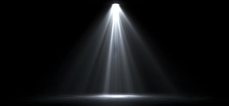 Abstract representation of a bright white spotlight beam casting light rays downwards against a deep black background. Illustration of illumination and focus.