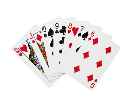 A royal flush hand of playing cards on a transparent background