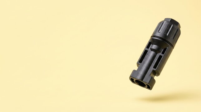 Black mc4 solar panel cable connector on a pale yellow background