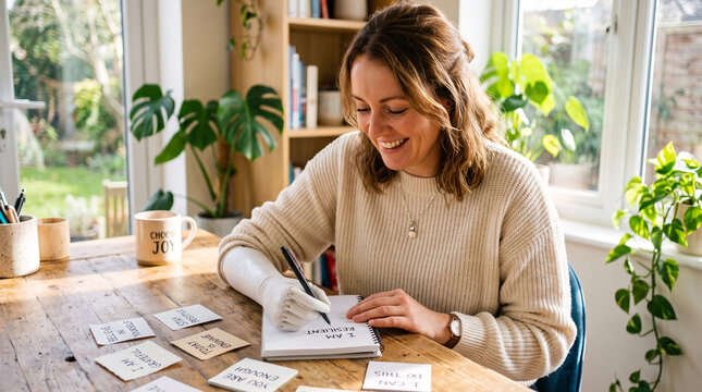 Woman with prosthetic arm writing affirmations on notebook at wooden desk