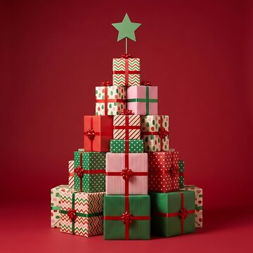Stack of christmas presents arranged as tree with green star on top, festive decoration.